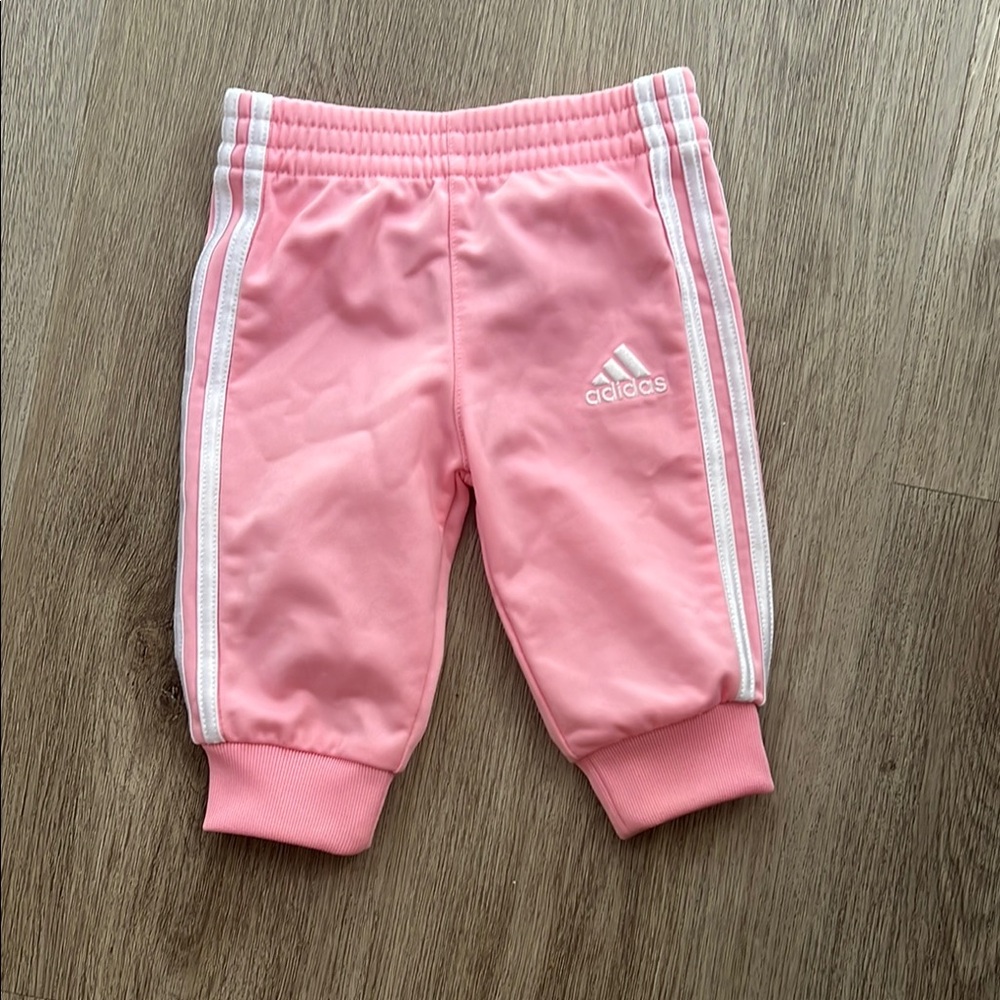 Baby Adidas Pink Sweatpants with Elastic Cuffs and Triple Stripes 3 months